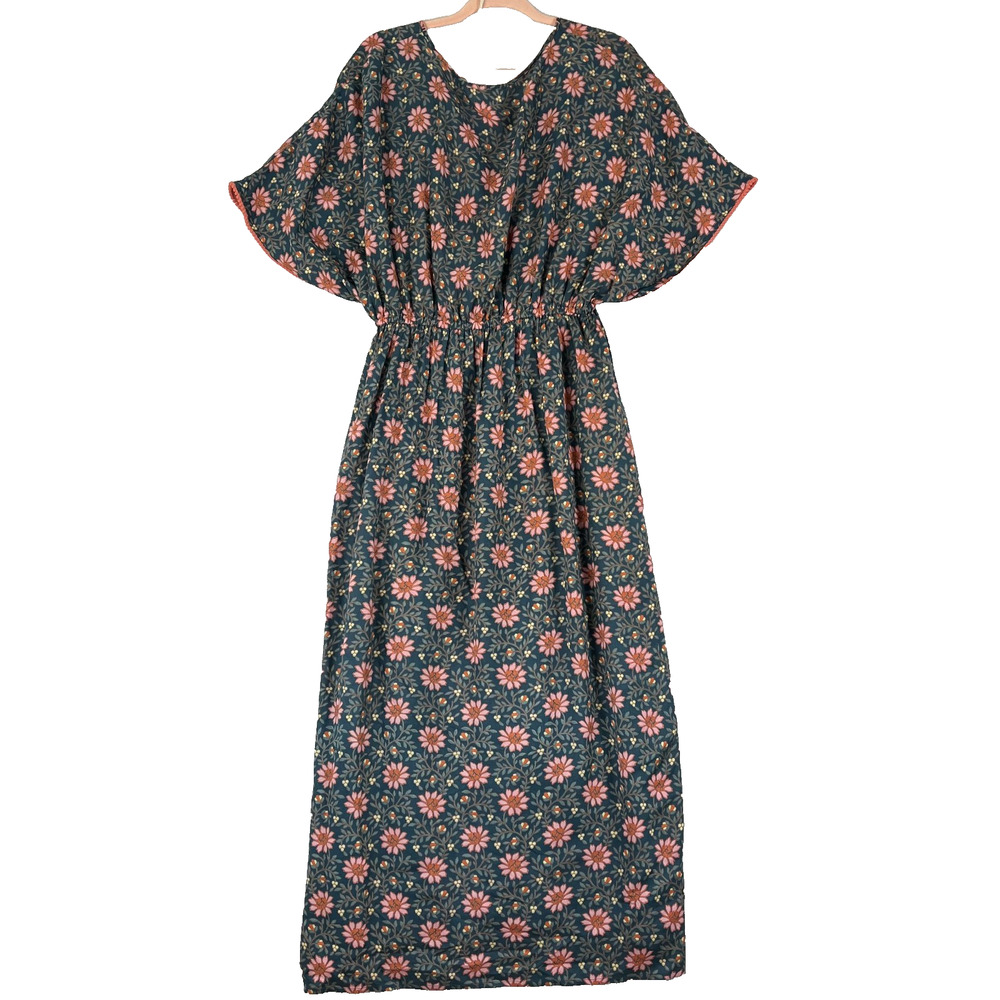 World Market Maxi Dress Women's Size Large Blue/Pink Floral V-Neck Flared Sleeve - Picture 11 of 12